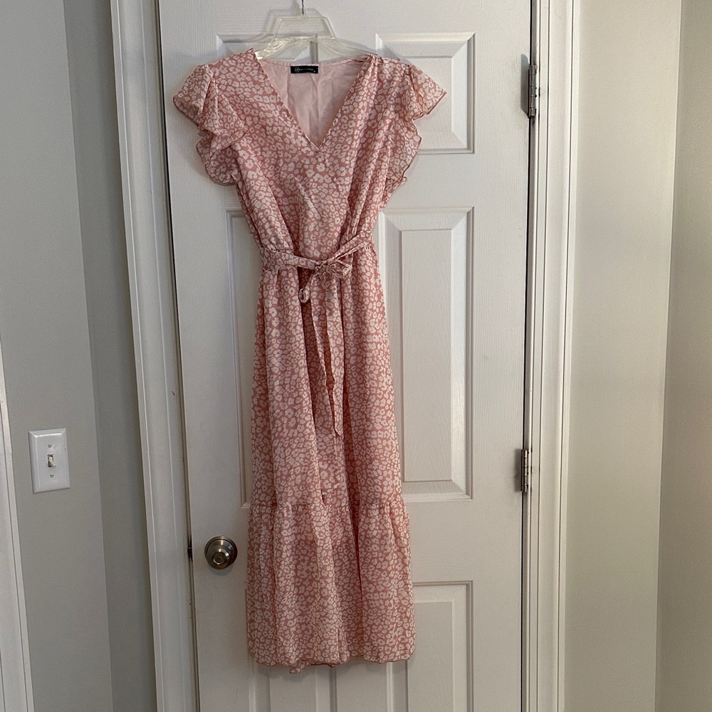 Women's Pink Floral Wrap Maxi Dress - Lightweight Ruffle Sleeve